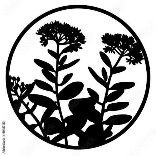 Botanical wildflower silhouette inside round frame- Black silhouette of tall blooming wildflowers with leaves enclosed in a circular frame, perfect for decorative vector artwork, logos, or patterns