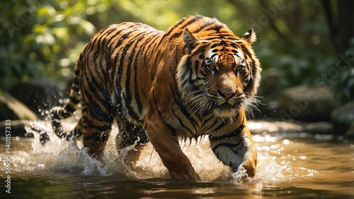 A majestic tiger with striking orange and black stripes is seen running through water