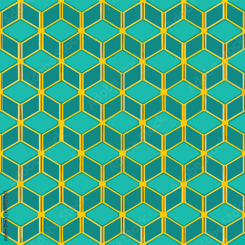This seamless vector pattern features a hexagonal honeycomb structure, reminiscent of a beehive, in yellow and black, creating a vibrant geometric design ideal for wallpaper or tile