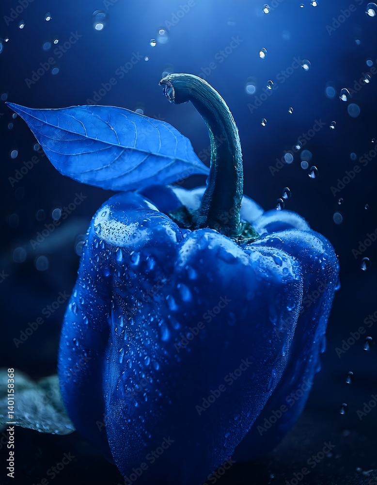 Blue Bell Pepper With Leaf in Artistic Rain Surrounded by Droplets. AI Generative