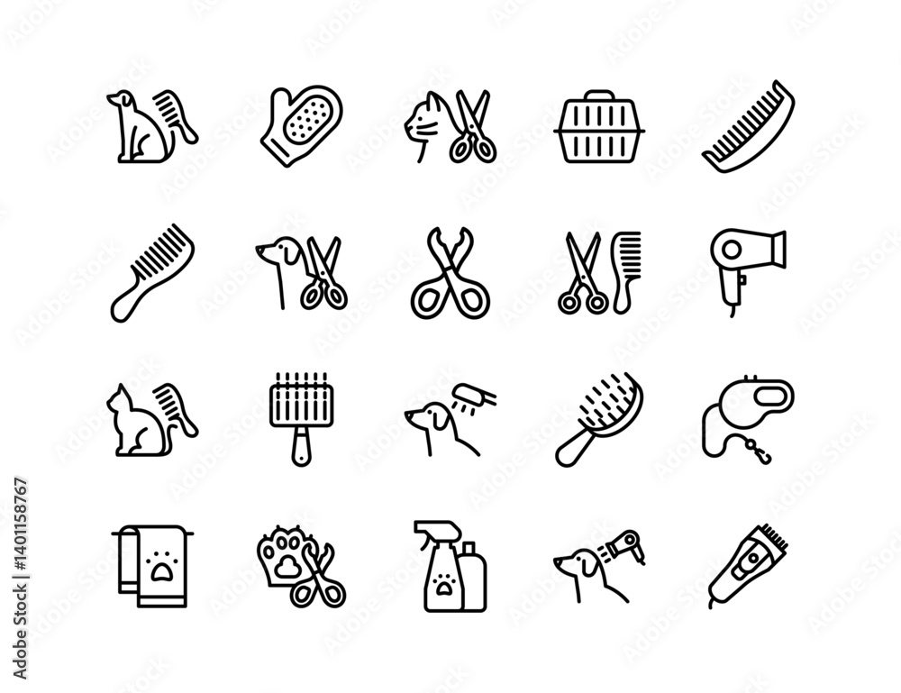 Pet Grooming Vector Icon Set | Adjustable Line Weight | Grooming, dog, cat, scissors, brush, comb, dryer, care, cleaning, hygiene, clippers, tools, fur, salon icons