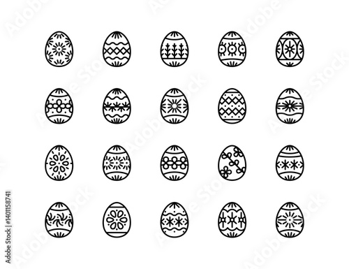 Easter Eggs Vector Icon Set | Adjustable Line Weight | Easter, eggs, spring, holiday, celebration, bunny, decorated, floral, ornamental, festive, pattern, religious, tradition icons