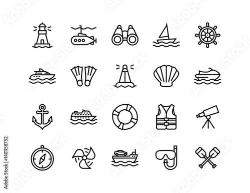 Sea Adventure Vector Icon Set | Adjustable Line Weight | Boat, anchor, lighthouse, diving, submarine, sailing, compass, marine, flippers, cruise, ocean, travel, exploration icons