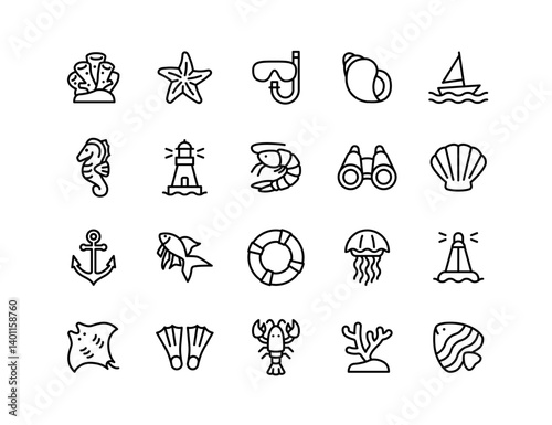 Marine Life Vector Icon Set | Adjustable Line Weight | Fish, coral, shell, starfish, jellyfish, lighthouse, anchor, seahorse, crab, snorkeling, underwater, diving, ocean icons