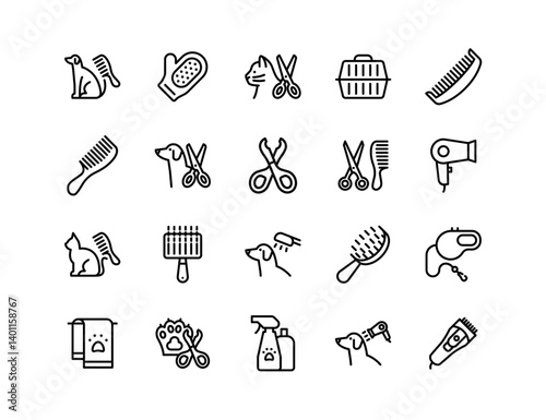 Pet Grooming Vector Icon Set | Adjustable Line Weight | Grooming, dog, cat, scissors, brush, comb, dryer, care, cleaning, hygiene, clippers, tools, fur, salon icons