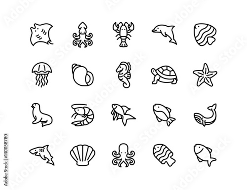 Sea Animals Vector Icon Set | Adjustable Line Weight | Fish, dolphin, whale, shark, squid, octopus, turtle, jellyfish, seahorse, shell, marine, aquatic, underwater icons