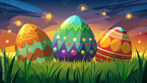 Bright decorative easter eggs glowing on fresh green grass under warm ambient lighting during dusk with bokeh lights evoking festive holiday charm