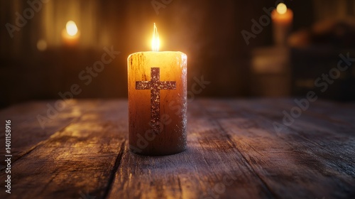 Obraz na płótnie Burning Candle with Cross Symbol on Wooden Surface in Dark Room w salonie