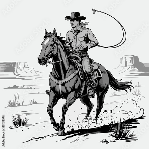 Vintage Western Cowboy on Horseback – Classic Rodeo Sketch with Lasso and Hat in Rustic Style