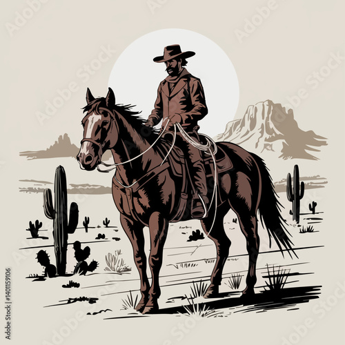 Vintage Western Cowboy on Horseback – Classic Rodeo Sketch with Lasso and Hat in Rustic Style