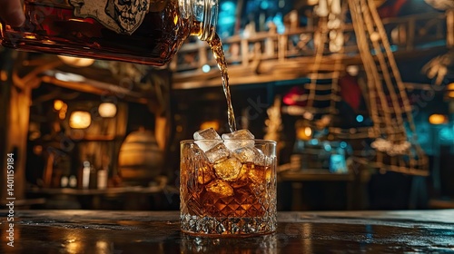 Pouring Rum over Ice in a Rustic Pirate-Themed Bar Setting