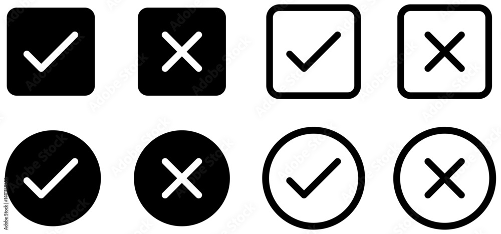 Check mark icon button set. Check box icon with right and wrong buttons and yes or no checkmark icons in black and white. Check mark icon button set. Check box icon with right and wrong buttons and yes or no checkmark icons in black and white.