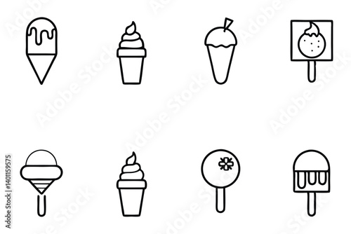 Ice Cream Collection: A delightful assortment of ice cream icons, featuring cones and popsicles in a minimalistic, outline style, inviting a craving for refreshing sweetness.