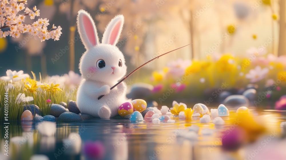 Cute Bunny Fishing with Easter Eggs in Springtime Water Landscape