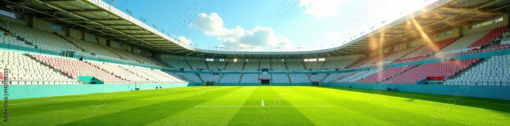 Fototapeta premium Empty aluminum bleachers, sunny summer day, vibrant green field , event, summer day