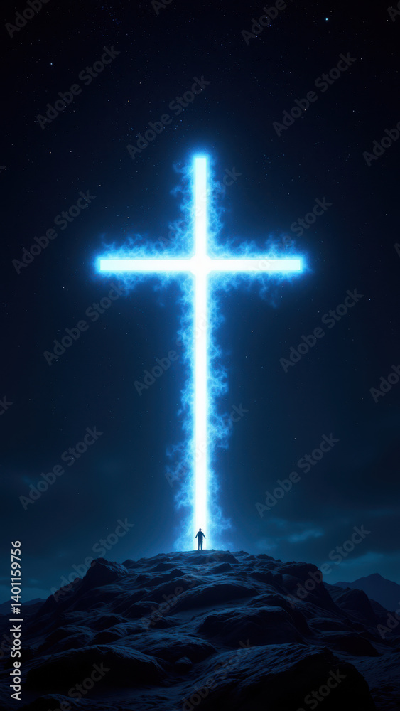 Naklejka premium Illustration showing a person on a hill with a luminous cross against a dark sky, symbolizing Christianity.