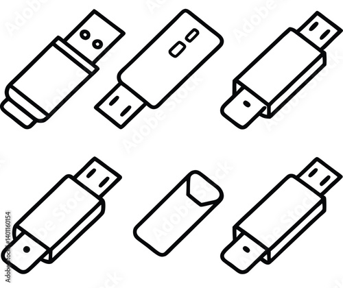 USB Flash Drive Set: An illustrative set of seven USB flash drive designs showcasing various perspectives and styles. The sleek, modern line art is perfect for presentations, websites.