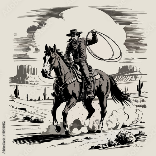 Vintage Western Cowboy on Horseback – Classic Rodeo Sketch with Lasso and Hat in Rustic Style
