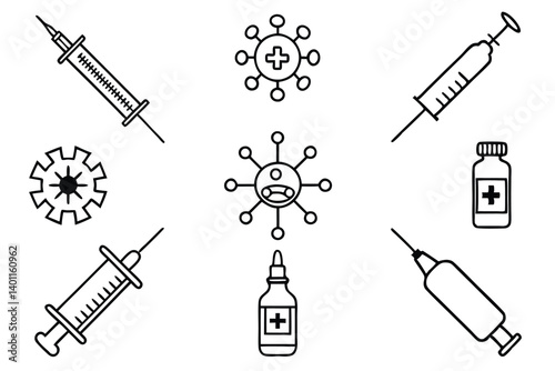 Vaccination and Protection: A meticulously rendered line art illustration highlights the vital tools and elements of medical defense and vaccination.