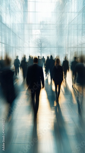 Crowd of people walking through a glass atrium in a bustling urban setting during the early morning hours
