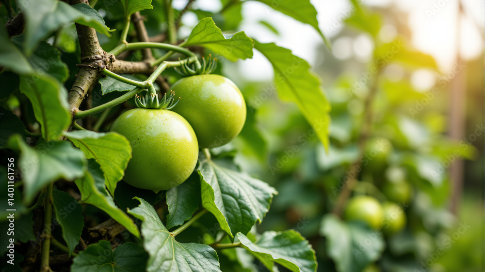 Fresh Green Tomatoes Growing on Vines Fresh Green Tomatoes Growing on Vines