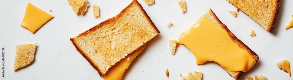 Melted cheese on toasted bread slices with crumbs. Melted cheese on toasted bread slices with crumbs.