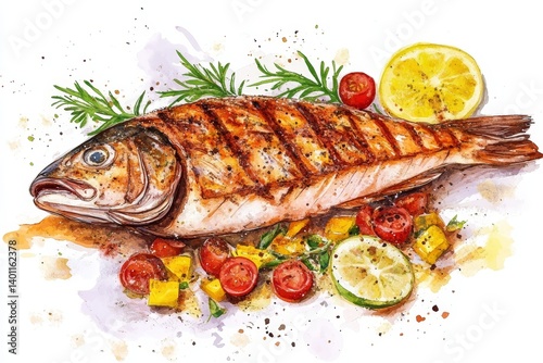 Fototapeta Naklejka Na Ścianę i Meble -  Watercolor Grilled Fish with Citrus and Herbs - Delicious grilled fish served with a vibrant mix of citrus fruits, cherry tomatoes, and fresh herbs