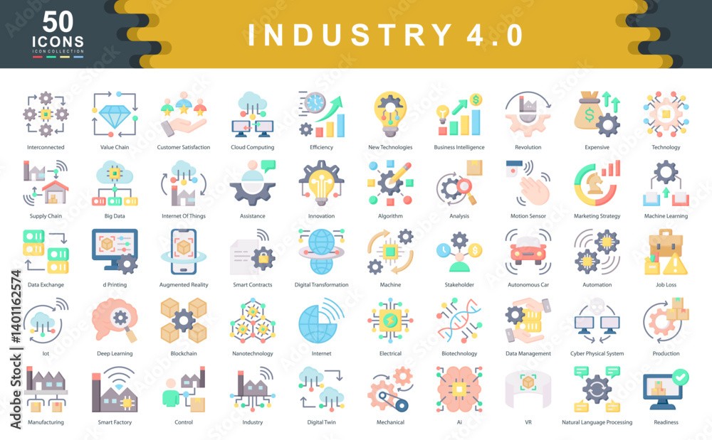 Fototapeta The Industry 4.0 flat icon set captures digital transformation across manufacturing, automation, IoT, and AI perfect for visualizing innovation, connectivity, and smart production systems.