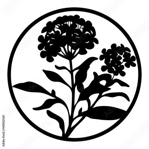 Circular floral silhouette with clustered blossoms- Stylish round silhouette artwork of a flowering plant with clustered blossoms and leaves, ideal for decoration, textile prints, patterns