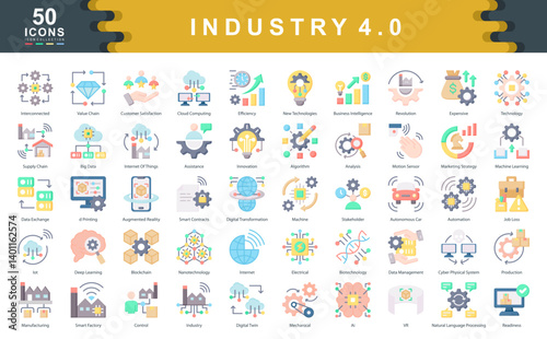 The Industry 4.0 flat icon set captures digital transformation across manufacturing, automation, IoT, and AI perfect for visualizing innovation, connectivity, and smart production systems.