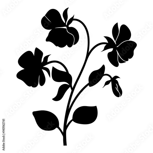 Black and white illustration of sweet pea , flower silhouette vector designs.