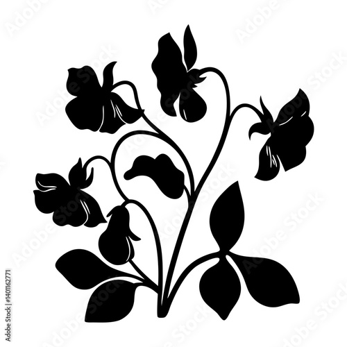 Black and white illustration of sweet pea , flower silhouette vector designs.