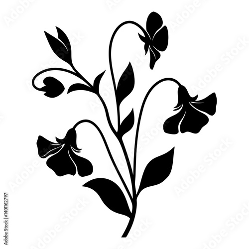 Black and white illustration of sweet pea , flower silhouette vector designs.