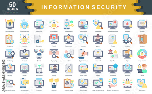 The Information Security flat icon set highlights core cybersecurity measures including encryption, firewalls, and threat detection ideal for digital safety, data protection, and IT risk management.