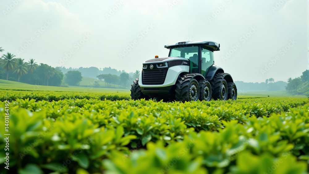 Fototapeta premium Modern Tractor in Lush Green Fields