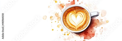 Heart Latte Art Coffee Cup - Watercolor of a latte with heart shaped art, in a white mug, on a white background with watercolor splatters