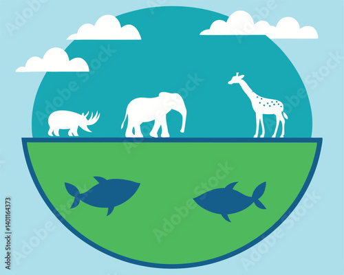 Earth Divided: Land and Sea Animals Illustration with Clouds