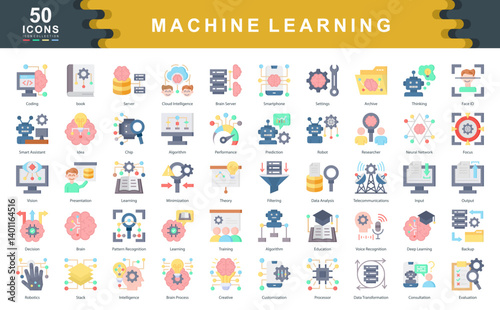 The Machine Learning flat icon set illustrates essential concepts like algorithms, neural networks, and data analysis ideal for tech presentations, AI platforms, and educational content.