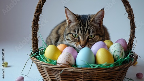 Adorable Kitten Curled Up in Festive Easter Basket


