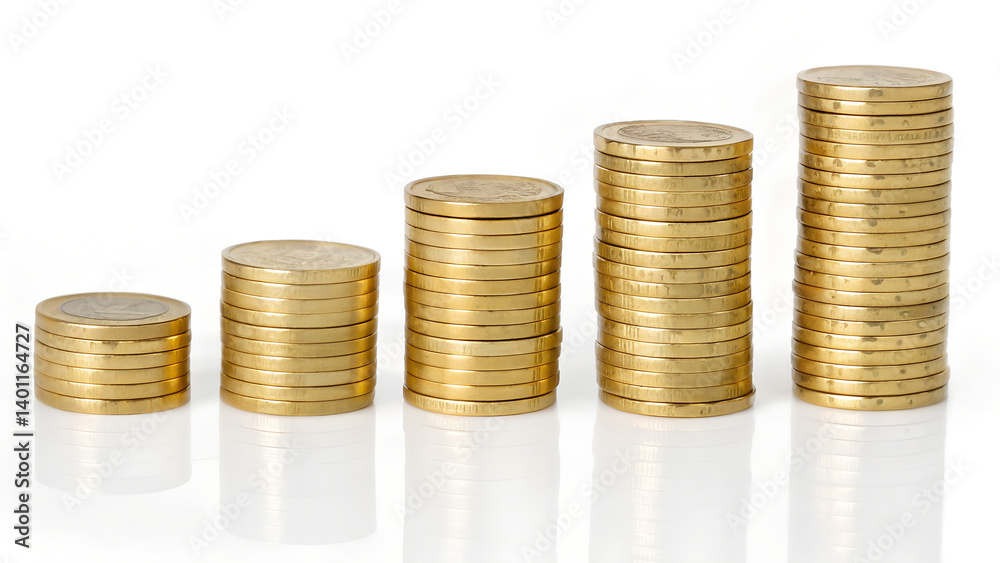 Five stacks of shiny golden coins on white background with reflection Five stacks of shiny golden coins on white background with reflection