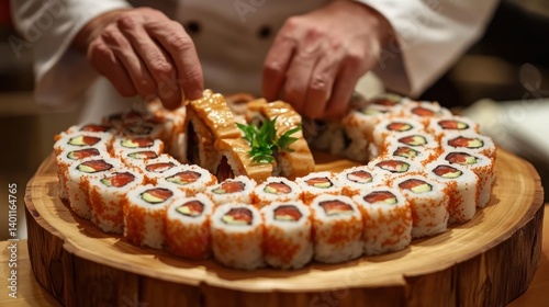 Obraz na płótnie Chef Arranging Sushi Rolls on Wood Serving Board Delicious and Artistic w salonie