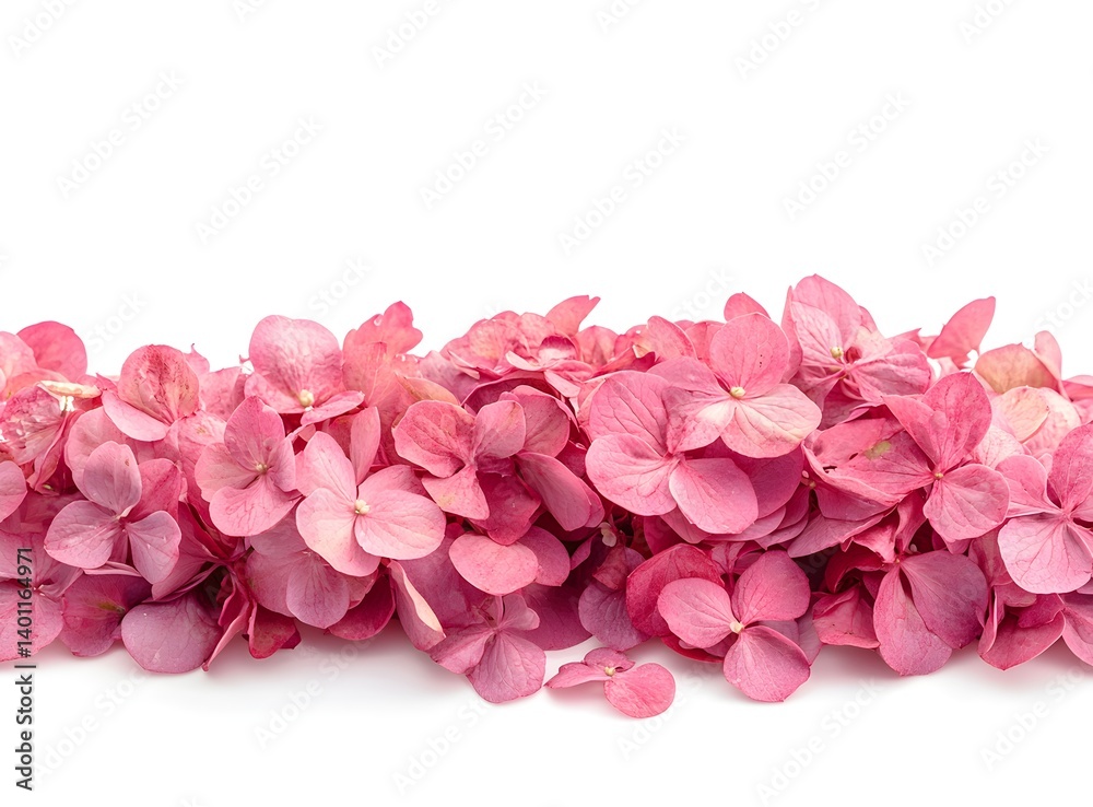 Fototapeta premium Vibrant pink hydrangea petals arranged in a beautiful line showcasing their delicate texture and fresh appearance, perfect for floral arrangements and decorations