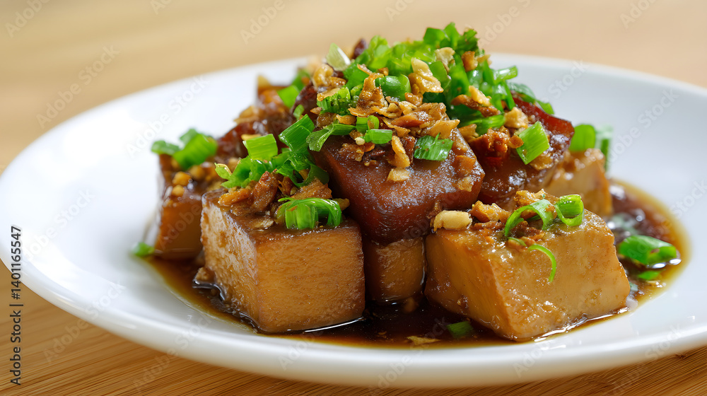 Savory Braised Firm Tofu Cubes with Garlic and Soy Sauce Garnished with Green Onions Savory Braised Firm Tofu Cubes with Garlic and Soy Sauce Garnished with Green Onions