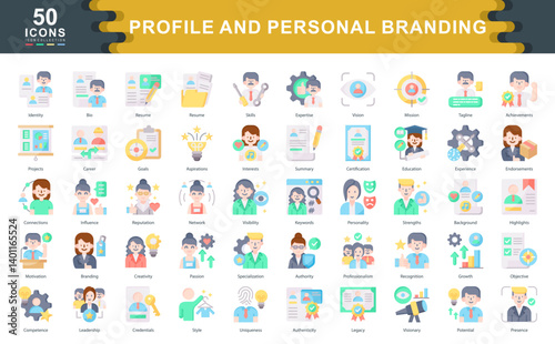 The Profile and Personal Branding flat icon set highlights identity, strengths, and visibility. Ideal for career development, professional profiles, and self marketing strategies.