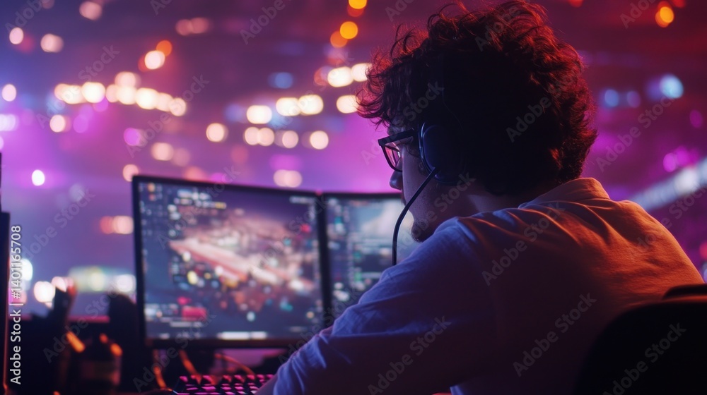 Esports Gamer Playing Video Game at Computer with Colorful Stage Lighting Esports Gamer Playing Video Game at Computer with Colorful Stage Lighting