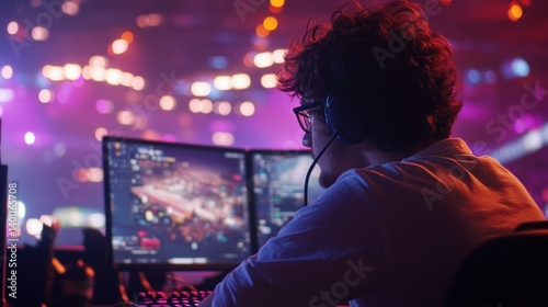 Wallpaper Mural Esports Gamer Playing Video Game at Computer with Colorful Stage Lighting Torontodigital.ca