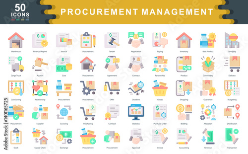 The Procurement Management flat icon set captures essential concepts like sourcing, contracts, inventory, and cost-saving ideal for logistics, supply chain, and enterprise operations.