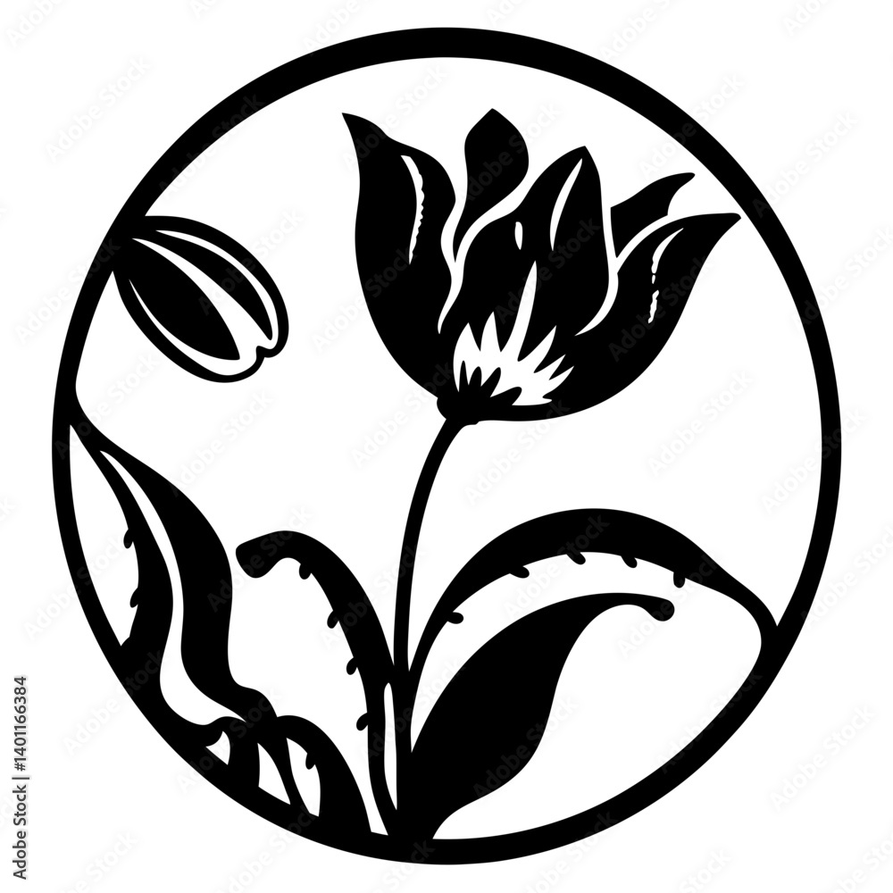 Fototapeta premium Circular Black and White Tulip Floral Design Artistic Botanical Illustration