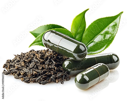 Green tea extract pills alongside a pile of crushed tea leaves, resting on a clean white background, even lighting for a simple yet elegant presentation, herbal supplements for health store products