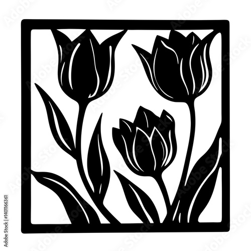 Black and White Square Framed Tulip Floral Design Artwork